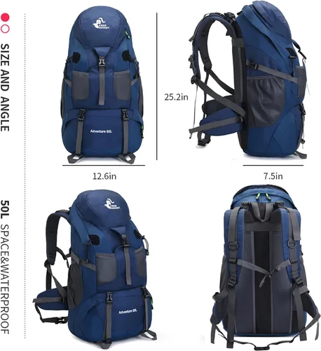 Miniatura 2 de Bseash Mochila de senderismo de 50 L, resistente al agua, ligera, mochila deportiva para deportes al aire libre, bolsa de viaje para camping, Azul
