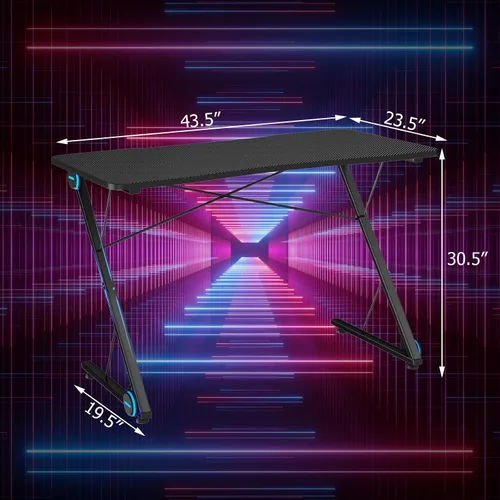 Miniatura 3 de Tangkula Escritorio para computadora de juegos, mesa de computadora en forma de Z con luces LED y gran superficie de fibra de carbono, estación