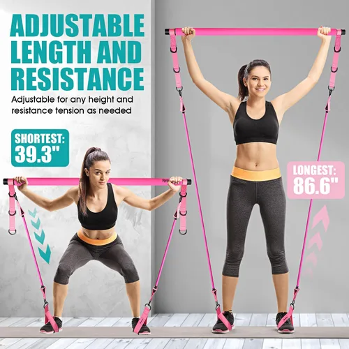 Miniatura 6 de Kit de barra de pilates Ayombo con bandas de resistencia, equipo de entrenamiento de pilates para piernas, cadera, cintura, brazo, equipo de Rosado