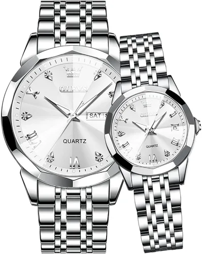 Miniatura 55 de OLEVS Reloj para parejas para él y ella, reloj analógico de cuarzo para hombres y mujeres, de acero inoxidable, impermeable, luminoso, fecha, reloj