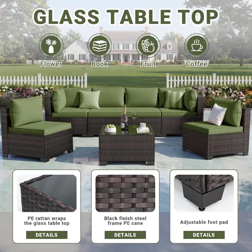 Miniatura 5 de LEVELEVE Juego de muebles de patio al aire libre, sofá seccional de conversación de ratán de tejido manual con mesa de centro de vidrio templado