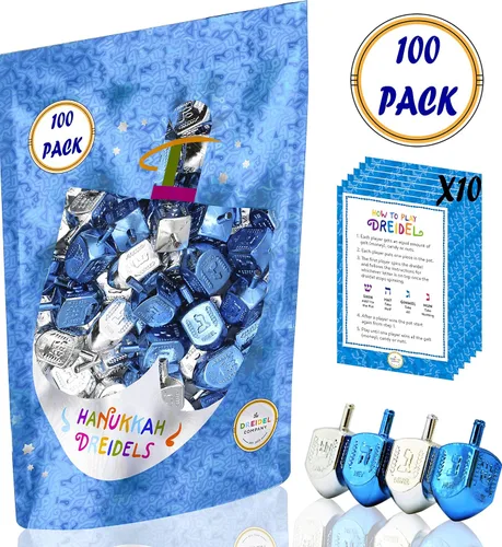 Miniatura 6 de The Dreidel Company Paquete de 10 Dreidels de Plástico Metálico Plateado y Azul de Hanukkah con Traducción al Inglés, Peonzas Incluye Tarjeta