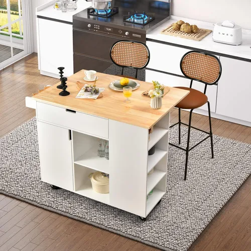 Miniatura 2 de LOKO Isla de cocina con hoja caída, carrito de almacenamiento de cocina rodante con cajón, gabinete, 6 estantes abiertos, estante de especias