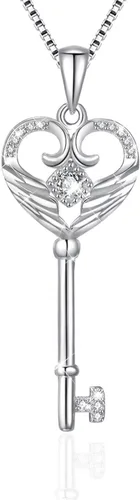 Miniatura 5 de VANLAMS Collar de alas de ángel de plata esterlina S925 para mujer, colgante de corazón de amor con llave de mariposa, regalos de cumpleaños