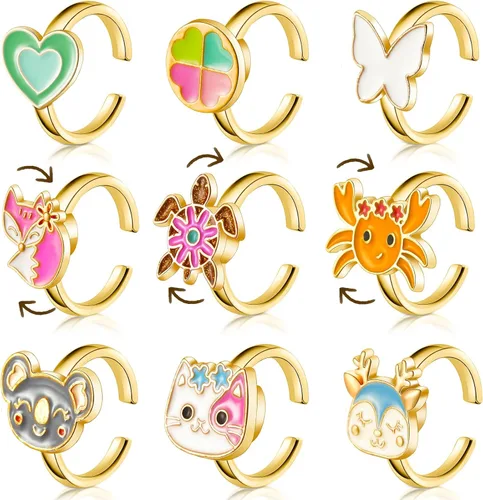 Miniatura 9 de Juego de 9 anillos giratorios giratorios para ansiedad, anillos giratorios para ansiedad, apilables, giratorios, calmantes, ajustables para mujeres