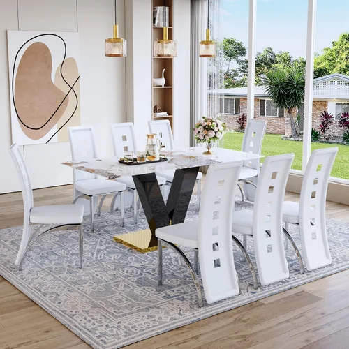 Miniatura 11 de Juego de mesa de comedor de 71 pulgadas para 6, moderno juego de mesa de comedor para 6, mesa de comedor de mármol con 6 sillas de comedor de piel