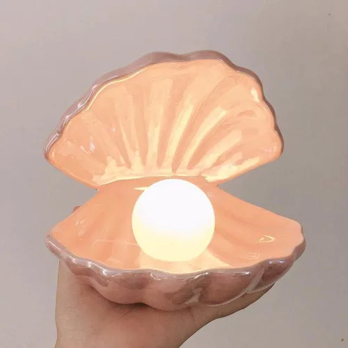 Miniatura 4 de Koolouispoper Ins Lámpara de noche de concha de cerámica de estilo japonés con perlas de sirena para decoración del hogar, regalo de Navidad (rosa)