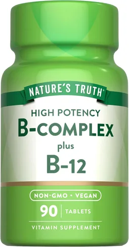 Nature's Truth Complejo de vitamina B para mujeres y hombres | Plus B12 | 90 tabletas | Alta potencia | Suplemento vegano y sin OMG