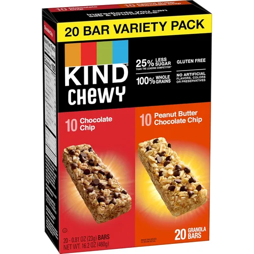 Miniatura 5 de Barritas de granola masticables KIND, paquete de variedad, chocolate chip y mantequilla de maní con chispas de chocolate, sin gluten, 100 calorías