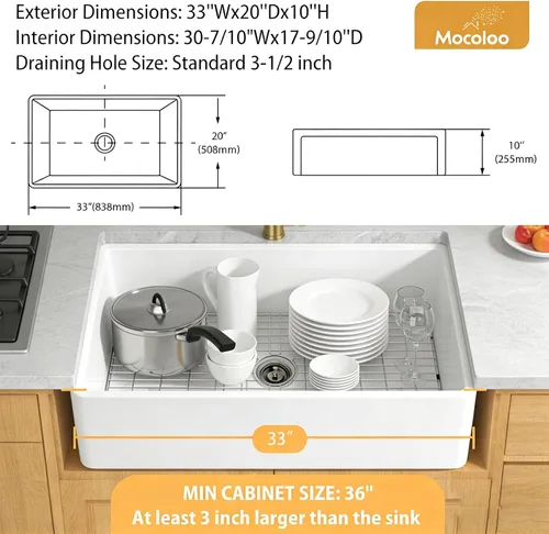 Miniatura 4 de Mocoloo Fregadero de cocina de granja blanco 33 – Fregadero plano de estilo rústico de 33 x 20 x 10 pulgadas, fregadero plano de estilo rústico