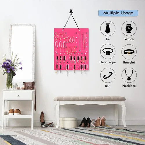 Miniatura 7 de Dofilachy Organizador colgante de joyas Organizador de joyas montado en la pared para aretes collares pulseras anillos C-rojo rosa