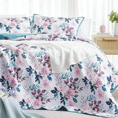 WRENSONGE Colcha floral tamaño Queen – Juego de ropa de cama reversible de flores botánicas, colcha ligera y suave para todas las estaciones (90 x