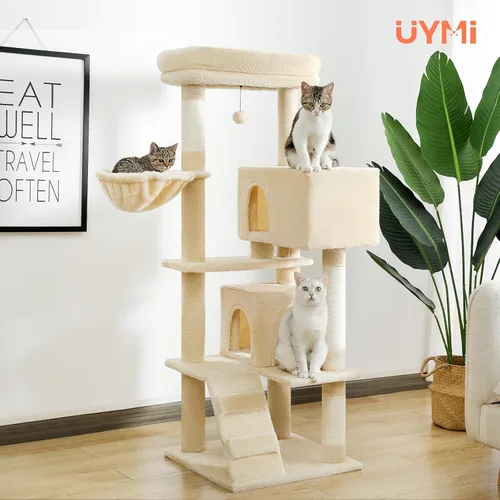Miniatura 7 de Árbol para gatos de interior, 2 acogedores condominios con espaciosa percha superior, torre para gatos de varios niveles de 56.3 pulgadas con postes