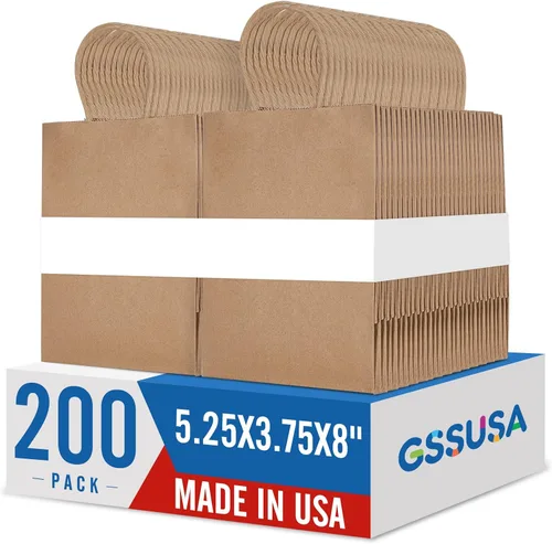 Miniatura 10 de GSSUSA Paquete de 200 bolsas de regalo de papel negro de 5.25 x 3.75 x 8 pulgadas, bolsas de papel kraft negras con asas a granel para compras