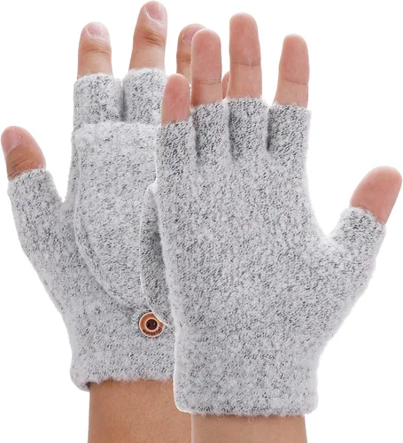 Miniatura 10 de THINP Guantes sin dedos para mujeres y hombres, guantes de invierno, guantes de lana cálida de punto sin dedos con tapa, guantes convertibles