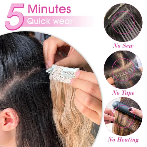 Miniatura 6 de Extensiones de cabello con clip de 20 pulgadas, 4 piezas, color sirena ondulado, rizado, grueso, invisible, trama de encaje color castaño ceniza