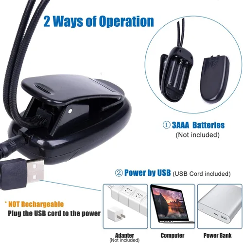 Miniatura 3 de Luz de soporte de música, paquete de 1/2/4/10 luces LED de libro, funciona con batería USB y AAA, lámpara de lectura en la cama, 4 niveles de Negro