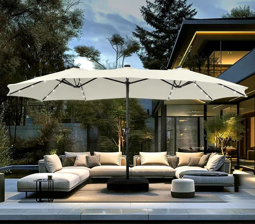 Miniatura 20 de PHI VILLA Sombrilla de patio grande de 15 pies con base y luces solares, paraguas rectangular de doble cara para exteriores con 36 luces LED, Beige