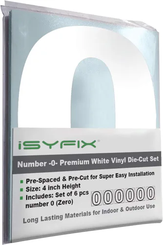 Miniatura 55 de iSYFIX - Calcomanías de vinilo blancas con número 0 (cero) - Juego de 6 unidades de 1.5 pulgadas autoadhesivas - Decalcomanías premium troqueladas