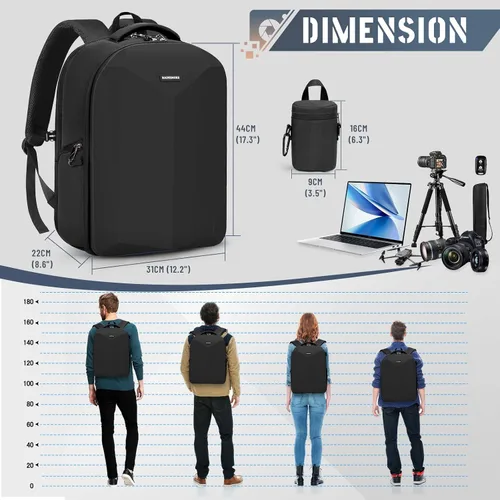 Miniatura 8 de RAINSMORE Mochila para cámara de carcasa dura para DSLR/SLR, bolsa impermeable para cámara con compartimento para laptop de 15.6 pulgadas, estuche
