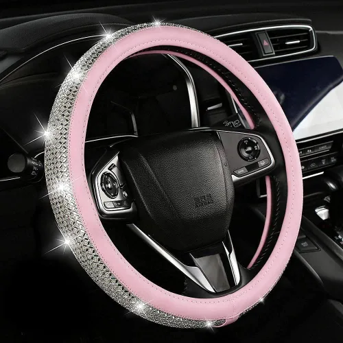 Miniatura 9 de Funda de volante de cuero con diamantes brillantes, fundas doradas para volante para mujeres y niñas con diamantes de imitación de cristal, Dorado