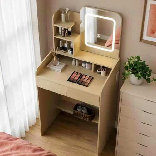 Miniatura 9 de Escritorio pequeño de maquillaje para niñas con espejo iluminado, tocador de 26.5 pulgadas de ancho con 2 cajones y toma de corriente, 3 modos
