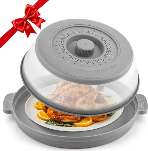 Cubierta antisalpicaduras para microondas para alimentos con placa base antiquemaduras, plástico grande y silicona ventilada para evitar quemaduras,