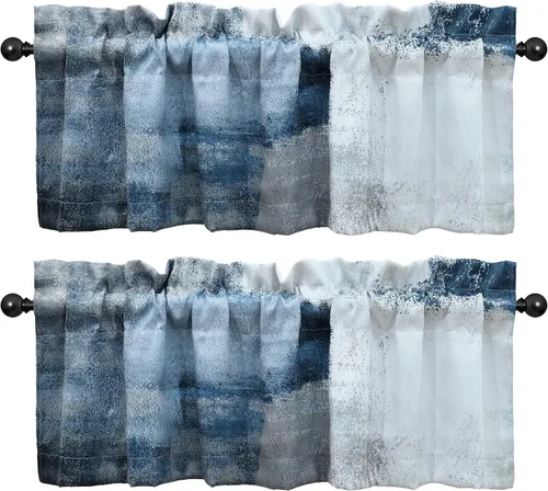 Cenefas azules y grises para ventanas, paquete de 2, 52 x 18 pulgadas, opacas | Impresión abstracta gris azul, decoración neutra moderna, ventanas