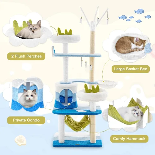 Miniatura 3 de PETSITE Árbol para gatos con temática oceánica para gatos de interior, torre para gatos de varios niveles con postes rascadores de sisal natural