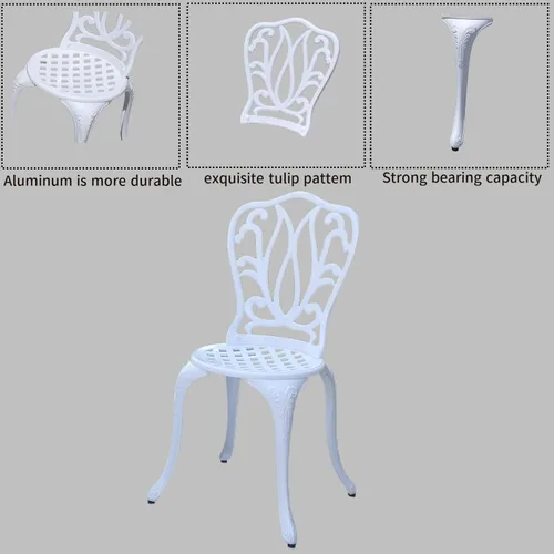 Miniatura 3 de KAILI Juego de 3 muebles de patio de aluminio fundido para patio, jardín al aire libre, mesas y sillas a prueba de óxido, juego de bisrto blanco