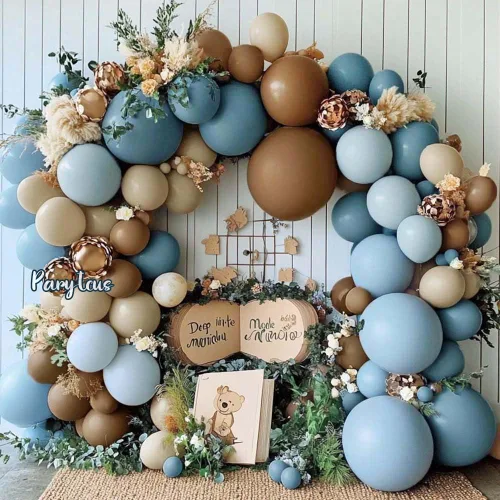 Kit de arco de globos de látex de doble relleno pastel azul bebé, marrón oscuro, marrón, café, arena blanca y arena, guirnalda de globos para