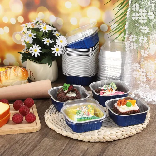 Miniatura 4 de 50 tazas de papel de aluminio para hornear con tapas, moldes cuadrados de 10 onzas para hornear, moldes desechables con tapas para flanes