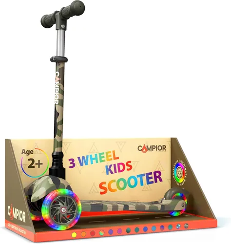 Miniatura 9 de Mini scooter naranja de 3 ruedas para niños, dirección por inclinación con ruedas LED iluminadas, manubrio ajustable, cubierta ancha antideslizante