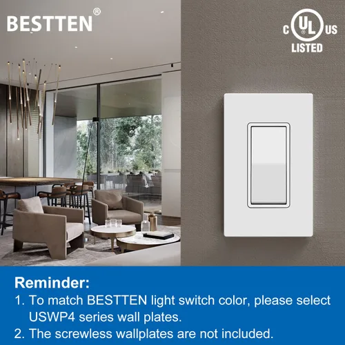 Miniatura 8 de BESTTEN Paquete de 10 interruptores de luz decorativa de 3 vías, 15 A, 120/277 V, un solo polo o tres vías, interruptor de pared de paleta