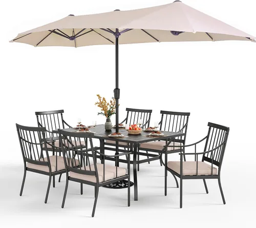 Miniatura 27 de PHI VILLA Juego de comedor al aire libre de 7 piezas con cojín, mesa de comedor rectangular de metal de 60 pulgadas con agujero para sombrilla y 6