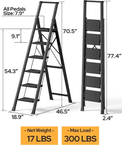 Miniatura 8 de Escalera de 6 escalones para techo de 12 pies de alto, taburete plegable de aluminio ligero con cómodo agarre, escaleras con pedal antideslizante