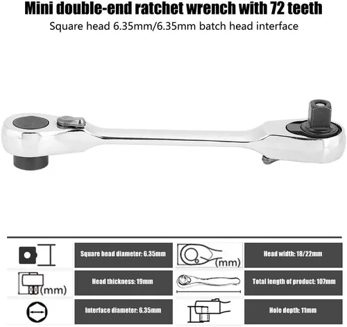 Miniatura 4 de Llave de trinquete plateada rechoncha – Mini llave de trinquete de doble cabeza de 1/4 pulgadas y destornillador de punta de destornillador de 72