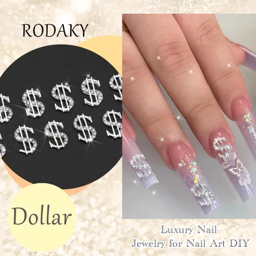 Miniatura 4 de RODAKY 10 dijes de uñas de dólares plateados 3D, dijes brillantes para uñas, joyas de uñas de lujo, diamantes de imitación para uñas acrílicas