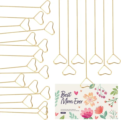 40 púas para tarjetas florales, soportes para fotos de corazón, palillo de púas para fotos, soporte para tarjetas de lugar floral dorado, clips de