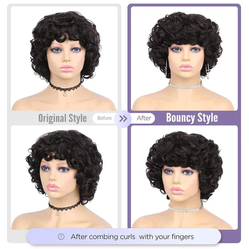 Miniatura 4 de Pelucas de cabello humano corto rizado Bob peluca para mujeres negras, sin encaje, peluca rizada grande con flequillo, corte pixie, pelucas Negro
