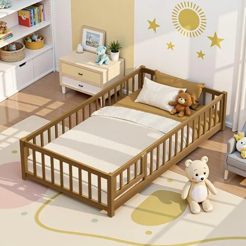 Miniatura 12 de Marco de cama Montessori de madera de tamaño individual con listones de madera, valla y puerta para niños, niñas y niños, espresso