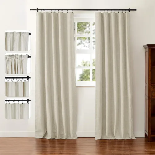 ChadMade Cortina reductora de luz con bolsillo para barra, cortina de mezcla de lino y algodón para oficina, 96 pulgadas de largo, con pestaña Beige