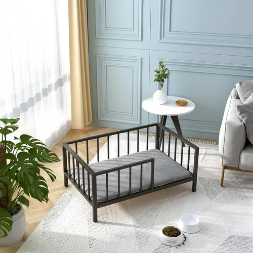 Miniatura 5 de OSCHF Cama para perros con rieles, marco de cama elevado de metal para mascotas con tablero de madera maciza y tapete suave lavable para perros Negro