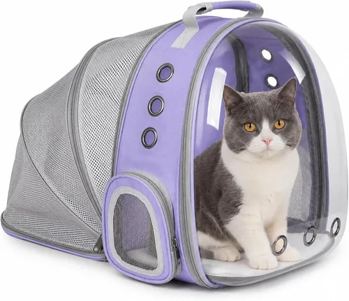 Miniatura 14 de Mochila expandible para gatos y perros, mochila de viaje para mascotas con ventana de burbujas con malla transpirable, estructura anticolapso, Negro