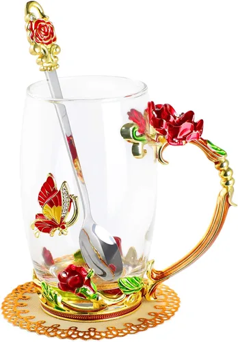Miniatura 9 de WD&CD Tazas de café y té de vidrio con mariposas y rosas, con cuchara y posavasos, regalos para su novia, esposa, madre, mujeres en el día de San