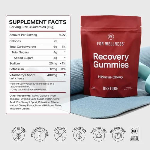 Miniatura 8 de For Wellness Recovery Gummies Restore Suplementos de energía de cereza ácida con electrolitos para el dolor muscular, rendimiento y recuperación