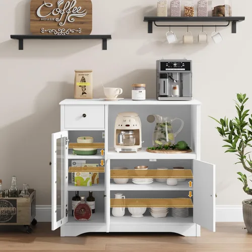Miniatura 6 de HORSTORS Armario para microondas, armario de almacenamiento de cocina con 3 puertas y 1 cajón, aparador de buffet con estantes ajustables, soporte