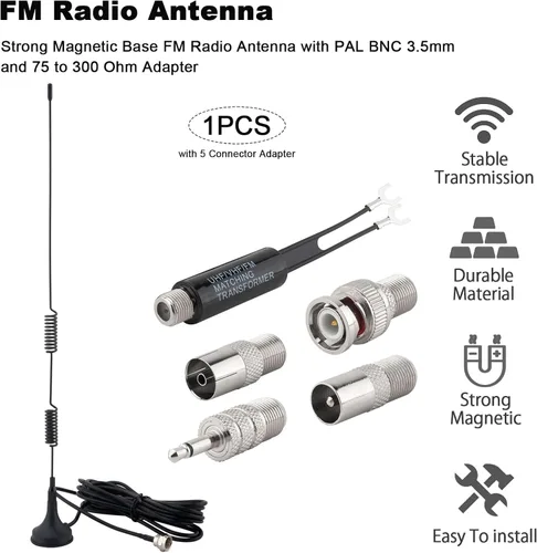 Miniatura 5 de Antena FM para interiores Antena de radio FM base magnética con PAL BNC 0.138 in y adaptador de 75 a 300 ohmios conector para receptor estéreo