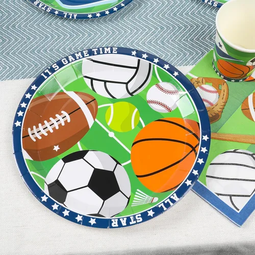 Miniatura 3 de Decoraciones de fiesta temática deportiva (sirve 24) platos llanos, platos de postre, vasos, servilletas. Decoraciones deportivas para baby shower