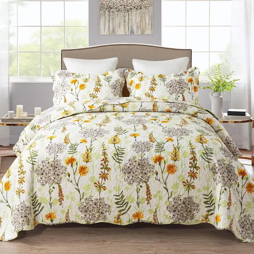 Miniatura 24 de NEWLAKE - Juego de cubrecama reversible de microfibra bordada con patrón floral en relieve en jacquard beige, tamaño queen
